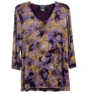 Citiknits Tunic Top Size S 3/4 Sleeves Gold Purple Stretch Acetate USA